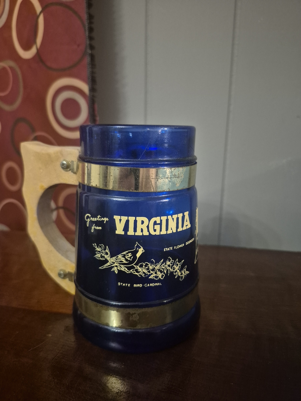 Virginia Blue Souvenir Glass Beer Stein with Gold Accents